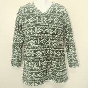 Denim & Co Size Small Fleece Pullover Top Jacket Green V Neck Snowflakes